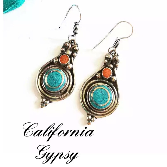 Tibetan Silver Bohemian coral turquoise earrings - Picture 3 of 3